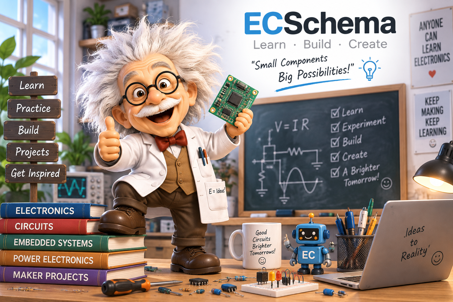ECSchema's friendly electronics professor holding a circuit board in a learning lab